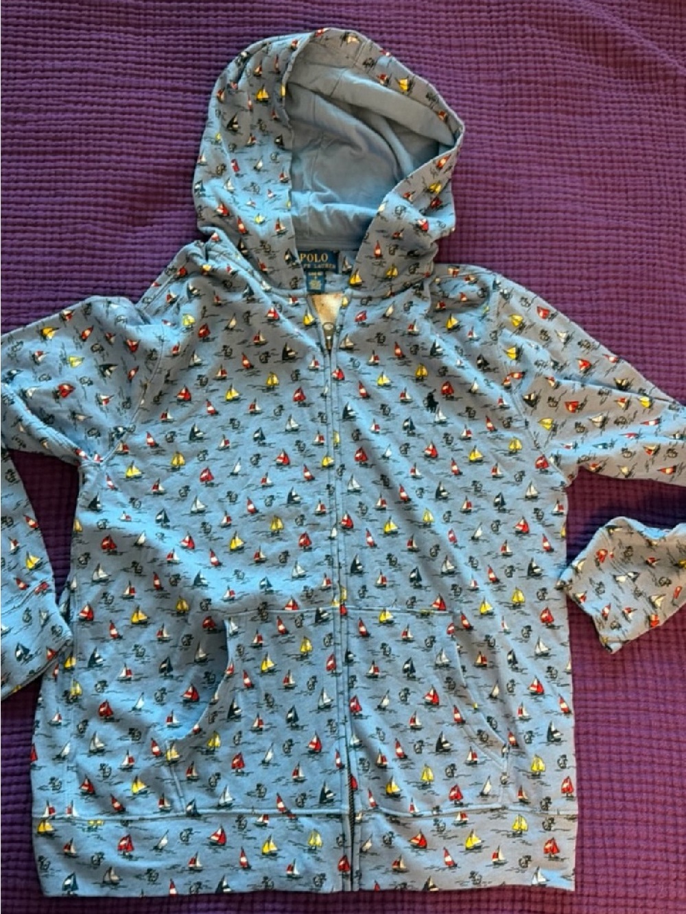 Polo by Ralph Lauren Light Blue Kids' Hooded Zip Jacket with Sailboat Print